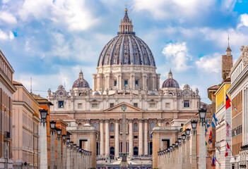 Fototapeta na wymiar Peter's basilica in Vatican and road of Conciliation in Rome, Italy