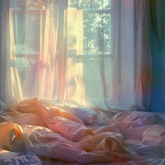 Immerse yourself in the gentle radiance of morning sunlight streaming through the window onto the bed, portrayed in watercolor tones and UHD. AI generative art enhances the ambiance. - obrazy, fototapety, plakaty