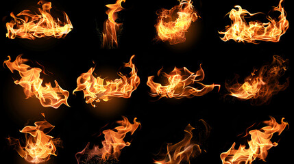 Fire flames on black background isolated. Burning gas or gasoline burns with fire and flames ,Flaming burning sparks close up, fire patterns ,Infernal glow of fire in the dark with copy space - obrazy, fototapety, plakaty