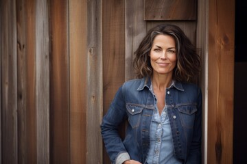 Portrait of a glad woman in her 40s sporting a rugged denim jacket over rustic wooden wall