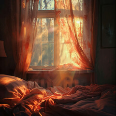 Experience the tranquil morning as sunlight filters through the window onto the bed, captured in UHD with infrared photography. AI generative art adds a dreamy touch. - obrazy, fototapety, plakaty