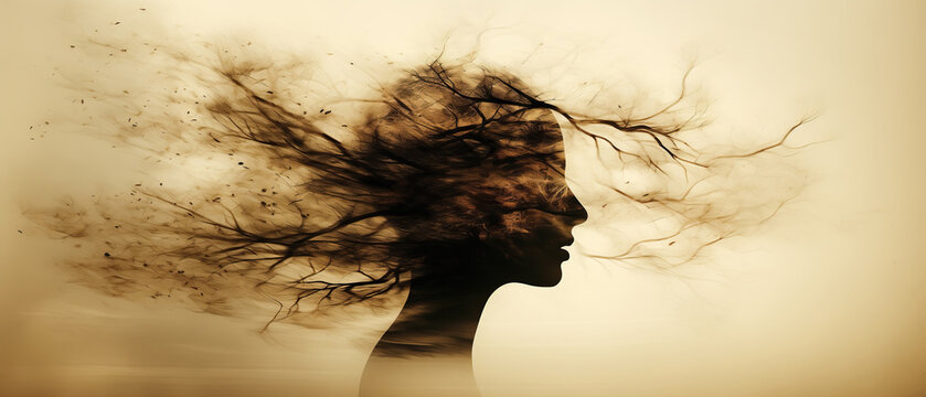 Dance of the wind. A graceful woman standing with her hair flowing in the wind, creating a mesmerizing and ethereal scene. Double exposure