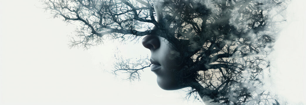 Forest muse. A womans serene face gazes thoughtfully with trees standing tall in the background, creating a harmonious blend of nature and human presence. Double exposure