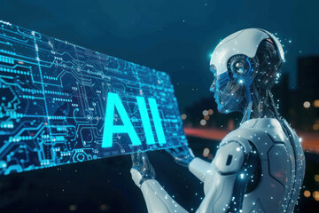 Explore the concept of transhumanism with the letters "AI" subtly integrated into the background. AI generative art symbolizing the future of technology.