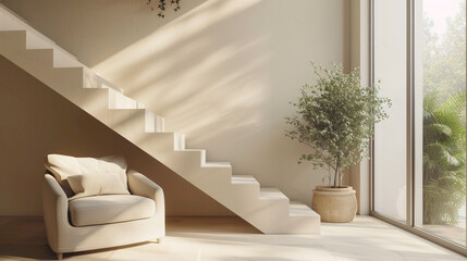 Graceful beige stairs in a modern Scandinavian interior lounge with a large window and peaceful ambiance.