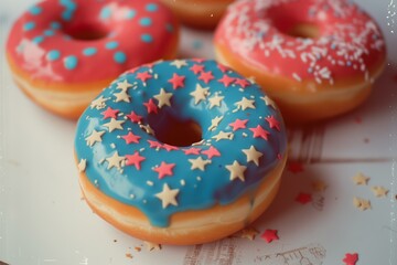 4th of July themed donuts close up photographed on old film, grain, visual noise, retro feel