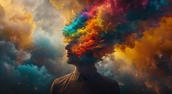 imagine prompt A 3D animation of a person with vibrant colors exploding from their head symbolizing a burst of creative ideas with the colorful explosion rendering new innovative concepts in a