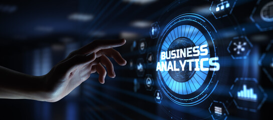 Business analytics BI Intelligence concept. Hand pressing button on virtual screen.
