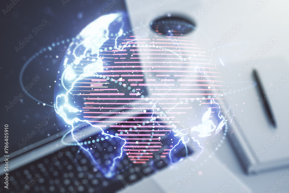 Poster double exposure of abstract digital world map with connections on computer background, big data and 