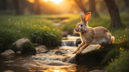 A graceful rabbit gracefully leaping over a babbling brook at sunset - obrazy, fototapety, plakaty
