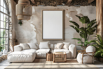 Mockup poster frame 3d render in a coastal modern living room with clean lines and natural materials, hyperrealistic