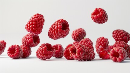 Photo of several red raspberries falling and bouncing on a white surface.