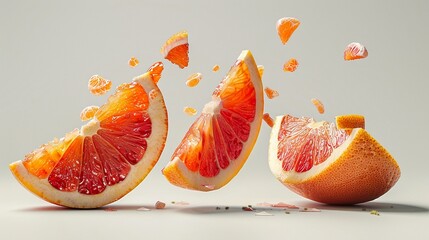 Three slices of blood orange suspended in mid air with pieces of orange peel and pulp exploding out of them.