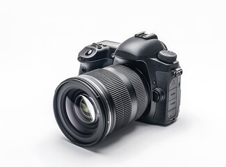 Black DSLR Camera with Lens on white background