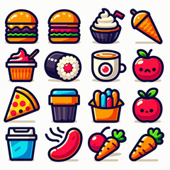 Food and Drinks Line Icons. Editable Stroke. Pixel Perfect. For Mobile and Web. Contains such icons as Bread, Wine, Hamburger, Milk, Carrot, Fruit, Vegetable.