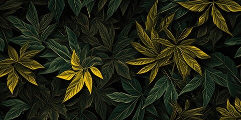 Brightly colored tropical leaves pattern against a dark backdrop.