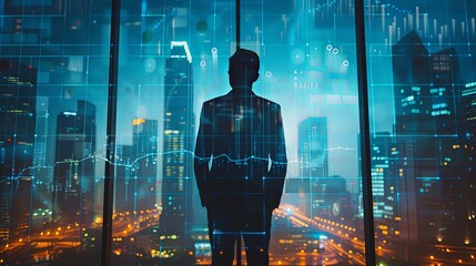 Man in suit standing in office at night looking at window with data chart graph displayed on city background