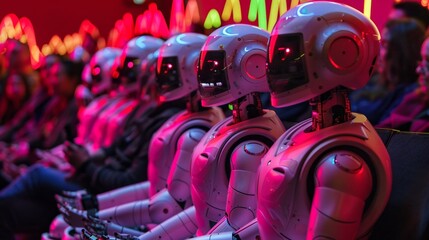 A comedy club where robots tell jokes, and the audience s laughter is measured in colorful sound waves