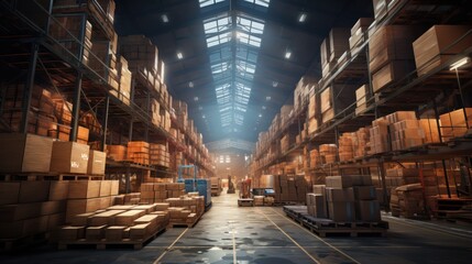 A warehouse with a lot of boxes and a truck in the middle - obrazy, fototapety, plakaty