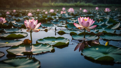 Beautiful pink lotus flower close up in pond at red lotus lake, Udonthani


