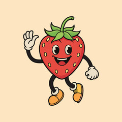 Strawberry retro funky cartoon character. smile face, walking, Groovy summer vector illustration.