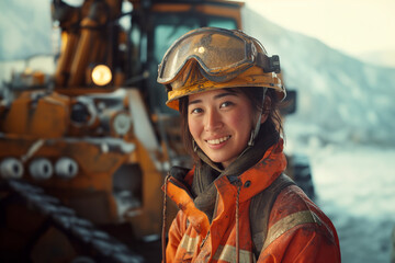 Woman working in the mining industry with heavy duty machinery.