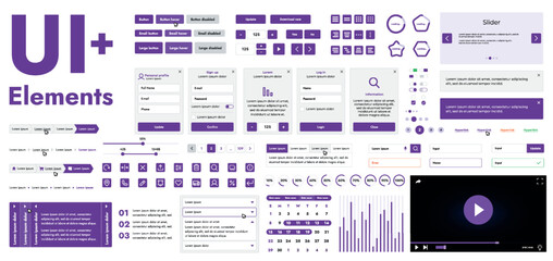 A set of modern web interface elements designed for the development and design of websites and mobile applications. Includes buttons, icons, navigation elements, slyder, forms.