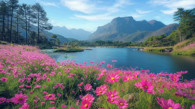 Mountain wildflowers in spring river nature landscape with lake . seamless looping time-lapse 4K video background	