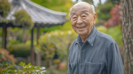Joyful Elderly Asian Man Surrounded by Serene Traditional Garden