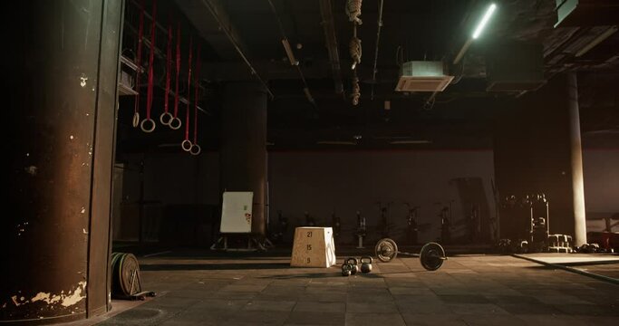 Gym hall with equipment and wooden block