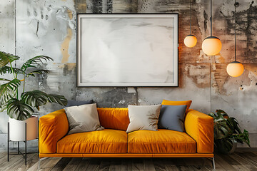 Mockup poster frame 3d render in a minimalist studio apartment living room with pops of bright color, hyperrealistic