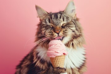 Gray cat happily eats ice cream on a pink background, with copyspace for text
