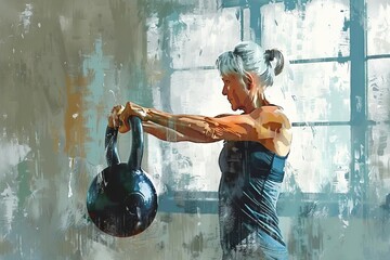 vibrant energetic senior woman performing kettlebell swings at gym digital painting