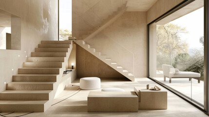 Minimalist beige stairs blending with Scandinavian design in a chic lounge.