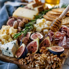 Artisanal cheese board, figs, nuts, honey drizzle, wine pairings - obrazy, fototapety, plakaty