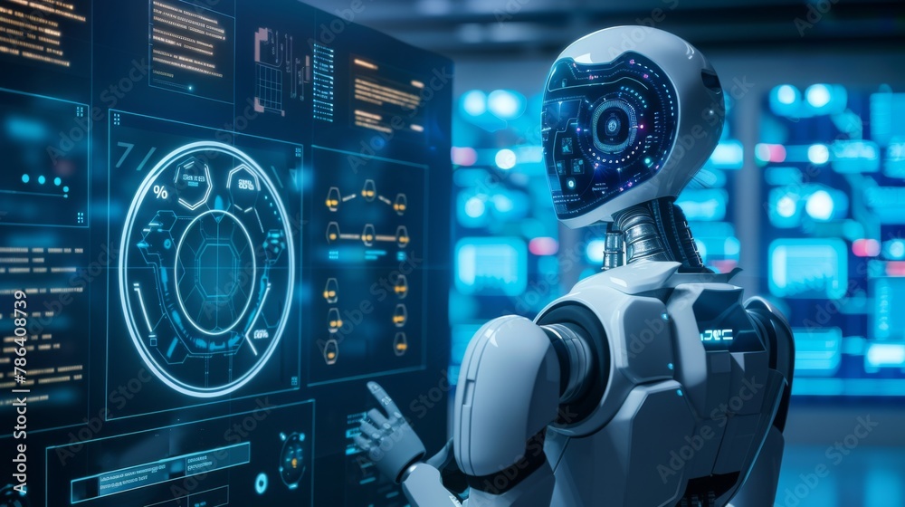 Poster robot analyzing data on computer screen