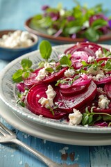 Elegant beetroot and goat cheese salad, vibrant hues on white china, against a blue backdrop, soft light enhancing the colors