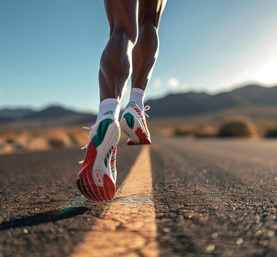 A closeup of the shoes worn in the style of an athlete running on an asphalt road, with red and green accents in white sneakers. The background features desert hills under cloudy skies