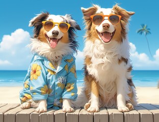 Two happy dogs wearing sunglasses at the beach, with a clear blue sky and sea in the background. 