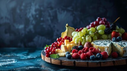 Gourmet cheese and fruit board, rich textures against a dark blue canvas, side lighting for a...
