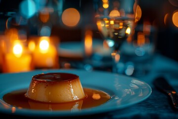 Gourmet caramel flan, silky caramel sauce, against a dark blue velvet, candlelight for a warm, inviting atmosphere