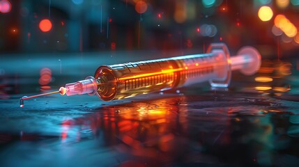 In this captivating image, a syringe sits poised, its needle catching the light in a way that emphasizes its precision and importance. - obrazy, fototapety, plakaty