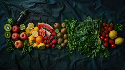 Bright display of fresh fruits and vegetables, green salad leaves on a dark background, flat lay.