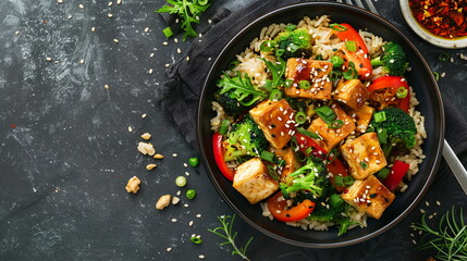 Baked tofu with stir-fried vegetables and brown rice in a sesame ginger sauce.