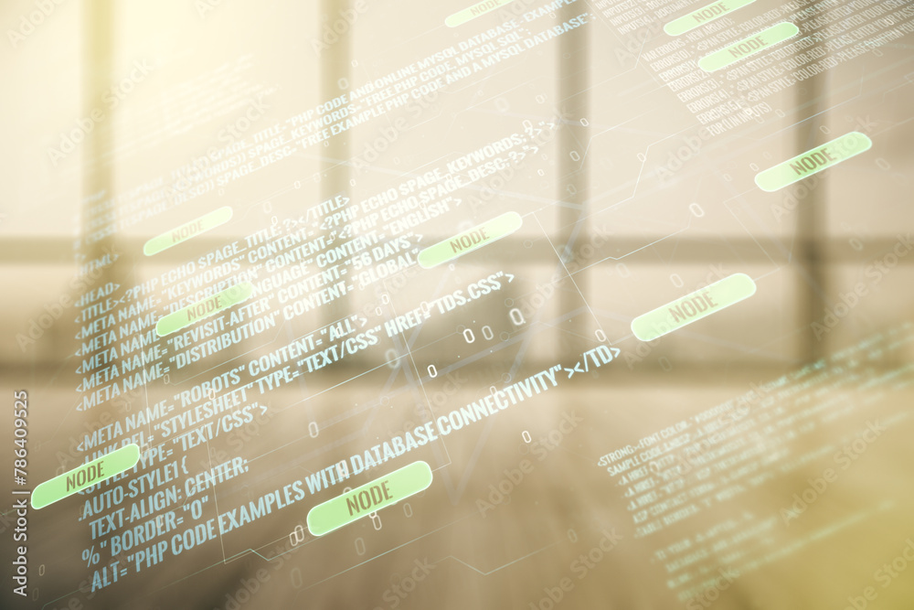 Poster Abstract virtual coding concept on empty corporate office background. Multiexposure