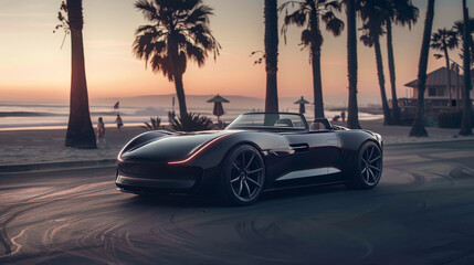 Vintageinspired electric roadster with the grace of a heron, cruising along a beachside promenade, early evening light casting a nostalgic glow