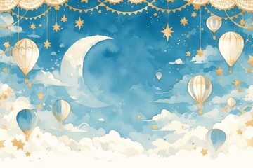 watercolor hot air balloons in the sky, clouds and stars, whimsical background for childrens book