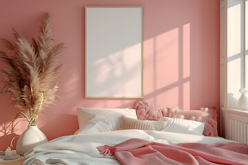 Mockup poster frame 3d render in a cozy bedroom with soft pastel tones, hyperrealistic