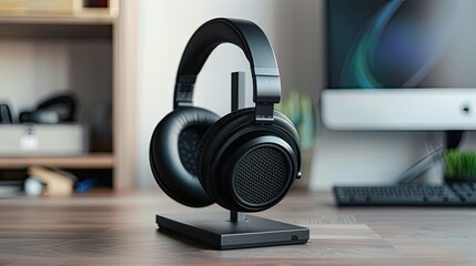 Black wireless in-ear headphones stood on the desk, in front of it was a wooden table and an office background. Captured at an angle above to highlight the details of the ear cup.