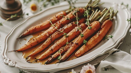 Balsamic roasted carrots with honey and thyme on a white serving platter.